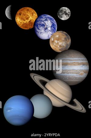 Montage von Planetenbildern, die von Raumfahrzeugen aufgenommen wurden, die vom Jet Propulsion Laboratory in Pasadena, CA. Verwaltet wurden. Enthalten sind (von oben nach unten) Bilder von Quecksilber, Venus, Erde (und Mond), Mars, Jupiter, Saturn, Uranus und Neptun. Für diese Bilder sind folgende Raumfahrzeuge verantwortlich: Stockfoto