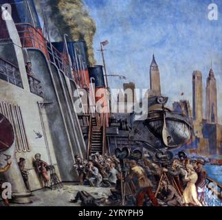 Wandgemälde mit Tafelfresko-Secco, gemalt 1937 von Reginald Marsh im Rahmen des Treasury Relief Art Project. Die größeren Wandgemälde zeigen Schifffahrtsaktivitäten im Hafen von New York und New Jersey. Sie befinden sich im Alexander Hamilton U.S. Custom House (ursprünglich New York Custom House), einem Regierungsgebäude, Museum und ehemaligen Zollhaus in 1 Bowling Green, nahe dem südlichen Ende von Manhattan in New York City, New York, USA. Stockfoto