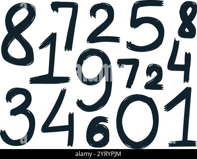 Set handgeschriebener Zahlen in grunge Tinte. Schwarze Silhouettennummern in verschiedenen Größen. Schäbige, dreckige Pinselstriche, Schriftziffer. Vektorgrafik Stock Vektor