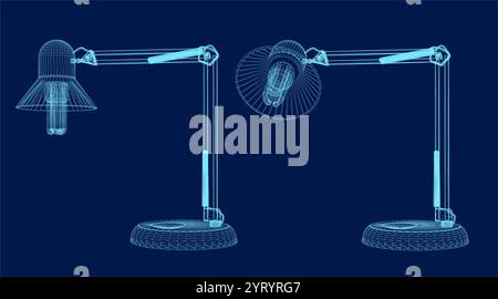 Schreibtischlampe mit Glühlampe im Drahtmodell. Vektorabbildung. Isoliert auf blauem Hintergrund. 3D Stock Vektor