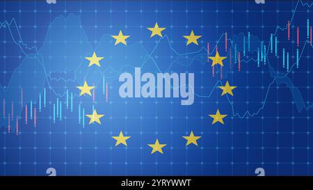 Diagramm der Flagge der Europäischen Union und der Finanzmärkte, Diagramm. Die europäische Wirtschaft. Stockfoto