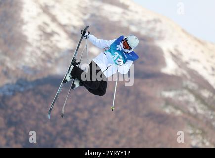 Zhangjiakou, chinesische Provinz Hebei. Dezember 2024. Moritz Klein aus Deutschland tritt bei der Freeski-Halfpipe-Qualifikation der Herren bei der FIS-Weltmeisterschaft in Zhangjiakou, nordchinesischer Provinz Hebei, am 5. Dezember 2024 an. Quelle: Luo Yuan/Xinhua/Alamy Live News Stockfoto