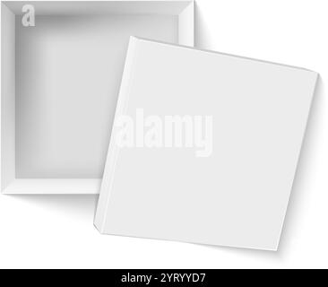 Realistische 3D-Vektor-Illustration einer weißen quadratischen Kartonöffnung, dargestellt in einer Draufsicht, ideal für die Präsentation von Verpackungsdesigns Stock Vektor
