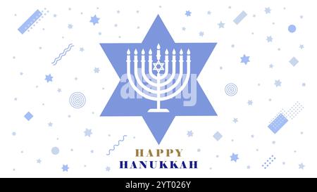 Happy Hanukkah Kreativkarte, magen David und memphis Elemente. Chanukah-Vektorkonzept mit Menorah-Kerze und Typografie Stock Vektor