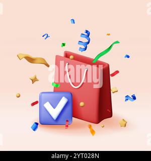 3D-Einkaufstasche mit Häkchen und Konfetti Stock Vektor