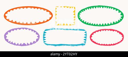 Satz von Rahmen mit gerissenen Kanten im Zickzack- und Muschelrand. Sternförmige Rahmen im Grunge-Stil mit geriffeltem Rand. Vektorabbildung von Oval mit grobem Schlitz und Stock Vektor