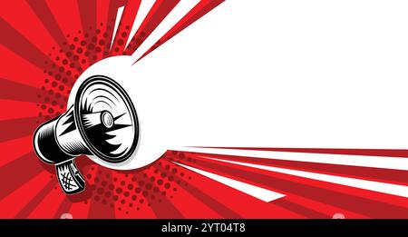 Lautsprecher, Megaphon mit Beleuchtung auf rotem Hintergrund. Vektorvorlage zum Kopieren von Text im Pop-Art-Stil Stock Vektor