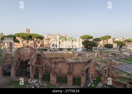 Ein allgemeiner Blick auf den Tempel der Venus Genetrix, die Via dei Fori Imperiali und im Hintergrund das Trajan's Forum Stockfoto