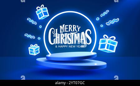 Frohe Weihnachten, neues Jahr blaues Neonpodium mit Grußtext. Vektor Stock Vektor