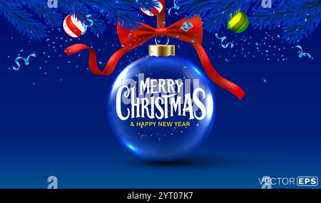 Frohe Weihnachten, Silvesterball aus Glas mit Weihnachtsbaum und Schnee. Vektor Stock Vektor