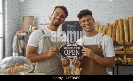 Zwei Bäcker lächeln und halten ein offenes Schild in einer Bäckerei voller frischer Brotlaibe Stockfoto