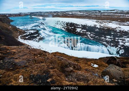Gullfoss Wasserfall im Winter (Bird's Eye View), Island Stockfoto