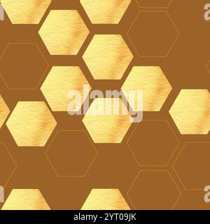 Nahtloses Muster mit geometrischen Wasserfarben mit gelben, strukturierten Sechsecken auf Braun. Handgezeichnete goldene Elemente im abstrakten Hintergrund für Webdesi Stockfoto