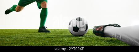 Banner. Fußballspiel in Aktion mit Spielern in Bewegung und Fußball auf dem Spielfeld vor weißem Studiohintergrund. Wettbewerbsfähiges Fußballspiel Stockfoto