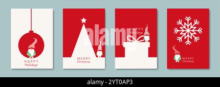 Weihnachtskarte in modernem, minimalistischem geometrischem Stil und skandinavischem Zwerg Elf. Elemente für Kalender, Grußkarten oder Happy New Year Stock Vektor