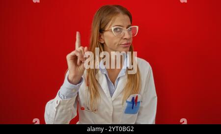 Ärztin mit langen blonden Haaren und Brille in weißem Fell, die den Finger zur Aufmerksamkeit oder Anleitung gegen eine leuchtend rote Wand zeigt. Stockfoto