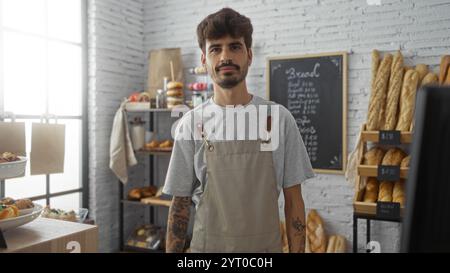 Hübscher junger hispanischer Mann mit Bart, der in einer Bäckerei steht, eine Schürze trägt, mit Brot- und Gebäckregalen hinter sich Stockfoto