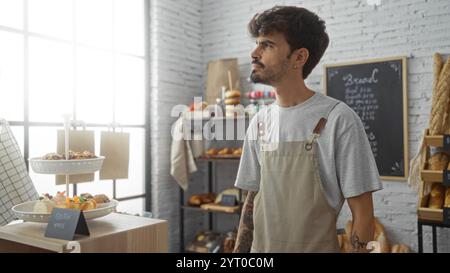 Junger hispanischer Mann mit Bart und Tätowierung, der in einer Bäckerei arbeitet, Schürze trägt und neben Backwaren in einem hellen Innenraum steht. Stockfoto