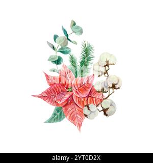 Weihnachtsbaumblume mit Kiefer-, Baumwoll- und Eukalyptuszweig im Aquarellstil. Handgezeichnete Vektorillustration isoliert auf weiß. Neujahr ca. Stock Vektor