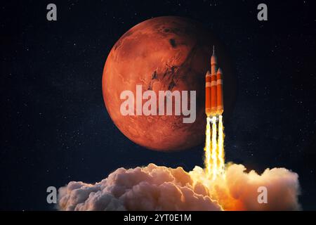 Raumschiff startet ins All. Rakete fliegt zum Mars. Roter Planet Mars im Weltraum. Starten und starten Stockfoto