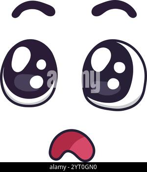 Verwirrtes Comic-Gesicht, das eine traurige Stimmung mit großen, überraschten Augen, hochgezogenen Augenbrauen und einem nach unten gedrehten Mund ausdrückt, was eine lustige, aber melancholische Note erzeugt Stock Vektor