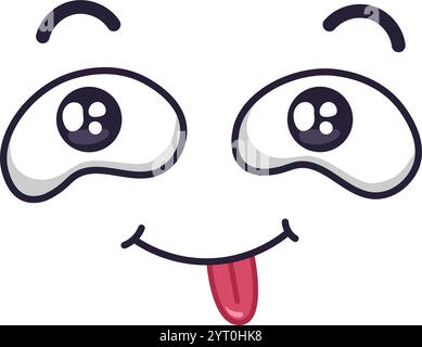 Lustiges Comic-Gesicht, das mit der Zunge herausragt und Glück und Freude ausdrückt, mit großen, fröhlichen Augen und einem verspielten Ausdruck, perfekt zum vermitteln eines Stock Vektor