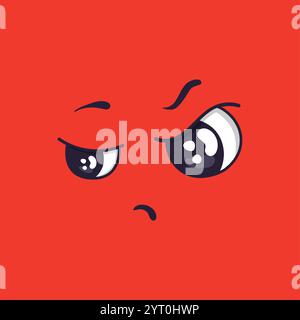 Verdächtiges Comic-Gesicht, das Misstrauen, Skepsis und Zweifel ausdrückt, mit blinkenden Augen und einer gefurchten Augenbraue auf einem leuchtend roten Hintergrund Stock Vektor