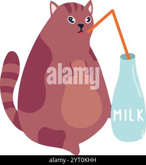 Cartoon-Illustration einer niedlichen, fetten, braunen und lila Katze, die Milch aus einer blauen Flasche mit einem orangen Strohhalm trinkt, isoliert auf weißem Hintergrund Stock Vektor