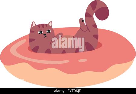 Cartoon-Illustration mit einer niedlichen braunen Tabbykatze, die auf dem Rücken in einem riesigen Donut liegt, die Pfoten spielerisch hochgezogen und ein süßes und bequemes Gefühl genießt Stock Vektor
