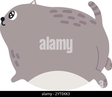 Mollige graue Katze, die läuft und aufblickt, mit gestreiftem Schwanz und hellgrauem Bauch, perfekt für Kinderbücher und verspieltes Haustierprodukt-Branding Stock Vektor
