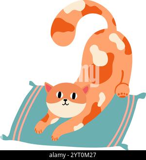 Die verspielte orangene Katze mit weißen Flecken wölbt ihren Rücken und spannt ihre Pfoten auf einem kupferfarbenen Kissen mit rosa Streifen, was eine fröhliche und liebenswerte Note schafft Stock Vektor