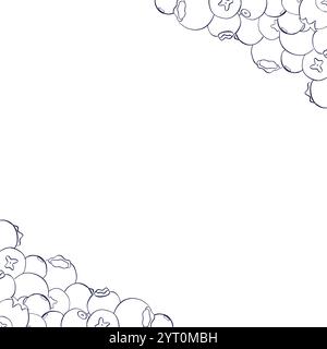 Beeren quadratischer grafischer Linienrahmen. Vektor-Banner von Heidelbeeren. Handgemalter horizontaler Rand für Grußkarte mit Platz für Text. Stock Vektor
