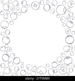 Handgezeichnete grafische Strichzeichnungen mit rundem Blaubeerrahmen. Detaillierter Vektor-Rahmen mit Blaubeeren. Gilt für Menüs, Broschüren, Flyer. Stock Vektor