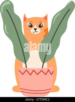 Cartoon-Illustration mit einer orangen Katze, die verspielt hinter einer lebendigen grünen Pflanze in einem Topf sitzt und eine skurrile und fröhliche Szene schafft Stock Vektor