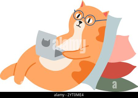 Entspannte Ingwerkatze, die runde Brille trägt und von zu Hause aus arbeitet, bequem auf Kissen liegt und einen Laptop benutzt, was eine gemütliche und produktive Arbeit darstellt Stock Vektor