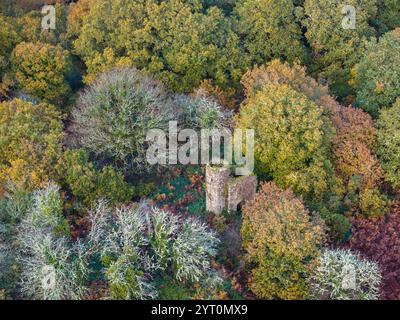 Aus der Vogelperspektive des Rushford Tower, einer Torheit in der Nähe von Chagford im Dartmoor National Park, Devon, England. Herbst (November) 2023. Stockfoto