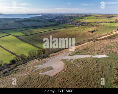 Luftaufnahme des Osmington White Horse in der Nähe von Weymouth in Dorset, England. Winter (Januar) 2024. Stockfoto