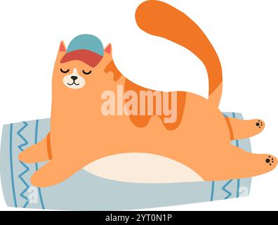 Cartoon-Illustration mit einer niedlichen orangen Katze, die eine Mütze trägt, friedlich auf einem kleinen Teppich schläft, vor einem sauberen weißen Hintergrund, strahlend Stock Vektor