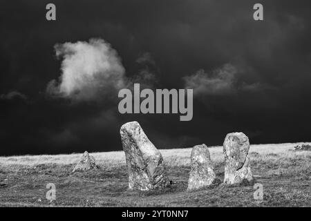 Megalithische Steine am Scorhill Stone Circle im Dartmoor National Park, Devon, England. Herbst (Oktober) 2024. Stockfoto