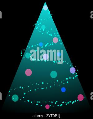 Abstrakter Weihnachtsbaum, bestehend aus spiralförmigen grünen Punkten mit bunten Ornamenten auf schwarzem Hintergrund. Konzept minimalistischer Urlaubsgestaltung. Vektor Stock Vektor