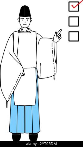 Priester des Schreins, trägt Eboshi und Kariginu, zeigt auf eine Checkliste, Vektor-Illustration Stock Vektor