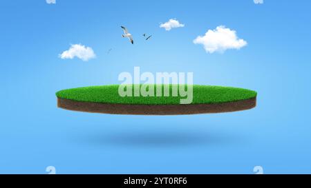 Grünes Podium mit Gras, blauem Himmel, Wolken und Vögeln, kreative Idee. Natur und Grün, Konzept Stockfoto