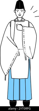 Priester des Schreins, trägt Eboshi und Kariginu, klopft auf die Brust, Vektor-Illustration Stock Vektor
