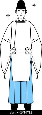 Priester des Schreins, trägt einen Eboshi und Kariginu, mit den Händen auf den Hüften, Vektor-Illustration Stock Vektor