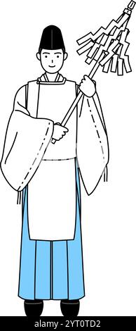 Priester des Schreins, trägt Eboshi und Kariginu, betend, Vektor-Illustration Stock Vektor