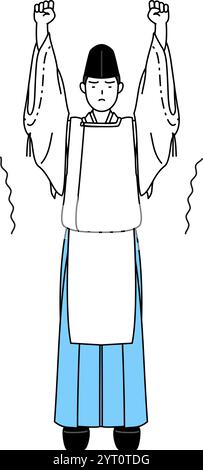 Priester des Schreins, trägt Eboshi und Kariginu, streckt sich und steht hoch, Vektor-Illustration Stock Vektor