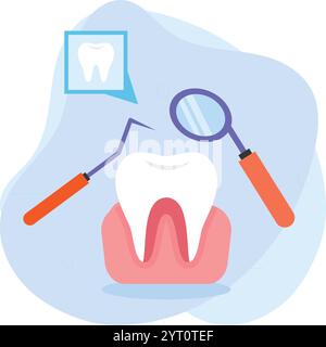 Gingivitis-Untersuchung mit Mundspiegel Konzept, zart, verfärbt oder lose Zahn erforschen mit Sichelsonde Vektor Symbol Design, Zahnheilkunde Symbol, Gesundheit Stock Vektor