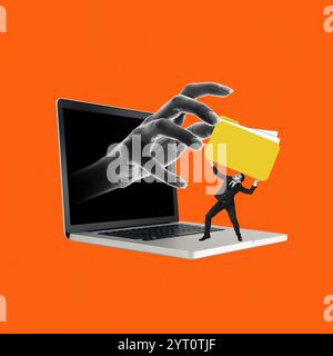 Zeitgenössische Kunstcollage. Eine große Hand ragt vom Laptop-Bildschirm heraus und greift nach einem gelben Ordner, der von einer kleinen Figur gehalten wird und Cyber-Bedrohungen und darstellt Stockfoto