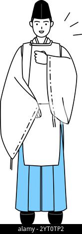 Priester des Schreins, trägt Eboshi und Kariginu, klopft auf die Brust, Vektor-Illustration Stock Vektor