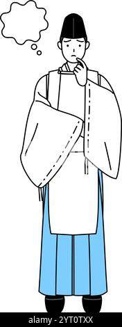 Priester des Schreins, trägt einen Eboshi und Kariginu, denkt, während er sich im Gesicht kratzt, Vektor-Illustration Stock Vektor